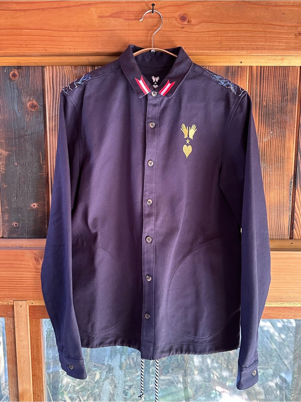 Navy Lightweight Button-Front Shirt Jacket with Yellow Heart Crest